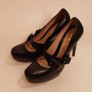 L.A.M.B. Black Leather Platform X Strap 5inch Stiletto heel size 8
